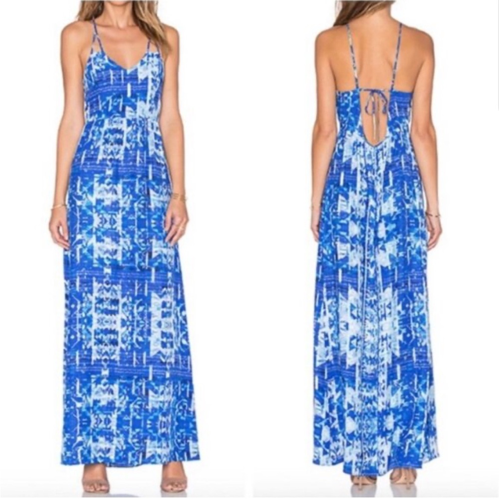 Parker Kisa Silk Maxi Dress Blue Backless Blue White Geometric Print Size Small
